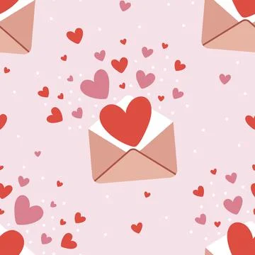 Illustration seamless pattern of an open envelope from which hearts fly out.  Stock Illustration