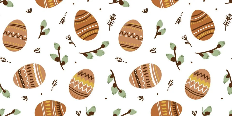 Illustration of a seamless pattern painted eggs and willow branches on a whit Stock Illustration