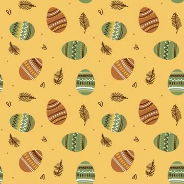 Illustration of a seamless pattern painted eggs on a yellow background. Stock Illustration