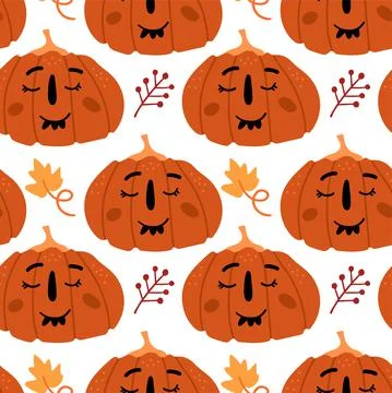 Illustration of seamless pattern with pumpkins. Festive pumpkins with funny f Stock Illustration