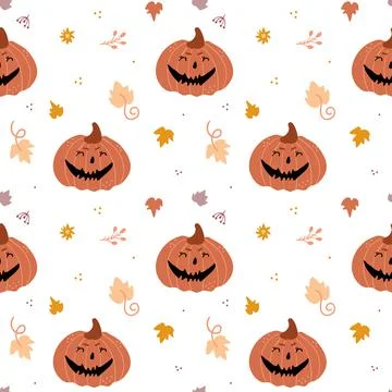Illustration of seamless pattern with pumpkins. Festive pumpkins with funny f Stock Illustration