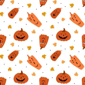 Illustration of seamless pattern with pumpkins. Festive pumpkins with funny f Stock Illustration