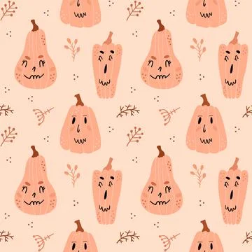 Illustration of seamless pattern with pumpkins. Festive pumpkins with funny f Stock Illustration