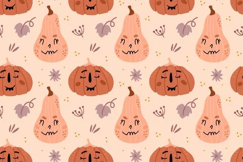 Illustration of seamless pattern with pumpkins. Festive pumpkins with funny f Stock Illustration