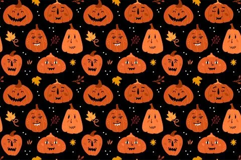 Illustration of seamless pattern with pumpkins. Festive pumpkins with funny f Stock Illustration