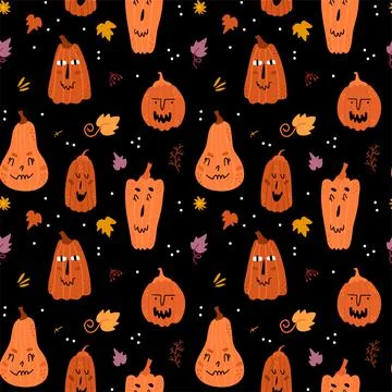 Illustration of seamless pattern with pumpkins. Festive pumpkins with funny f Stock Illustration