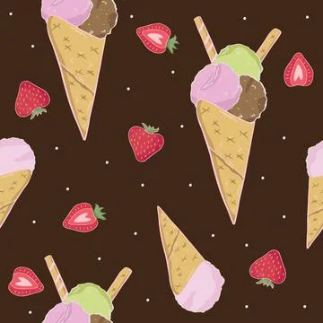 Illustration of a seamless pattern waffle cone with ice cream. Stock Illustration