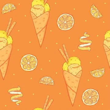 Illustration of a seamless pattern waffle cone with citrus ice cream. Stock Illustration