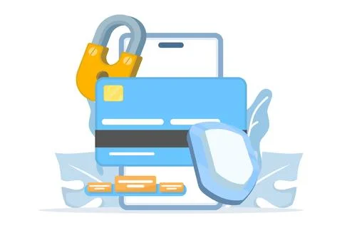 Illustration of a secure transaction in a mobile banking app with a payment card Stock Illustration