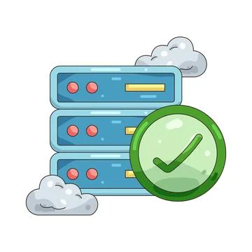 Illustration of server with a checkmark and cloud Stock Illustration