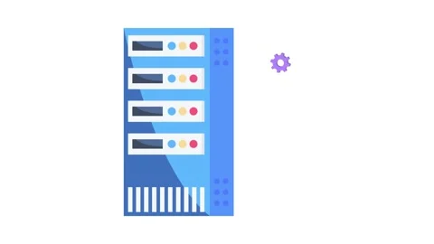 An illustration of a server with a gear, against a blue and white background. Stock Footage 332341225