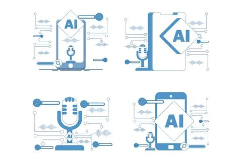 Illustration set of AI smartphone technology with digital voice assistant Stock Illustration