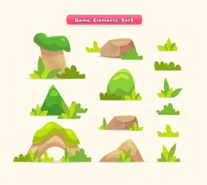 Illustration of a set  cartoon spring or summer little trees with grass for ui Stock Illustration
