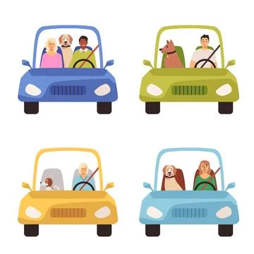 Illustration of a set of characters of different genders traveling with dogs in Stock Illustration