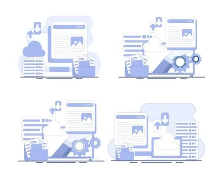 Illustration set of cloud storage infographics featuring secure data backup Stock Illustration