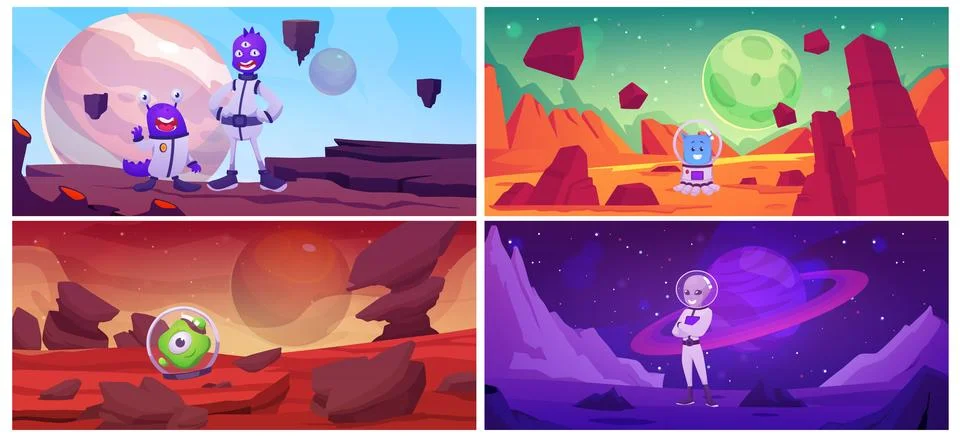 Illustration of a set of different alien characters in spacesuits on an alien Illustrazione stock