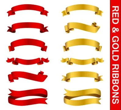 Illustration of set of different shape Red &amp; Gold ribbons on isolated background Stock Illustration