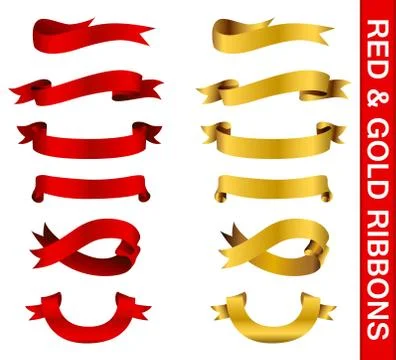 Illustration of set of different shape ribbons in Red &amp; Gold colours Stock Illustration