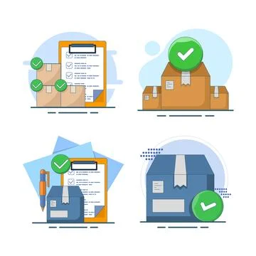 Illustration set featuring cardboard package box with check mark symbol Stock Illustration