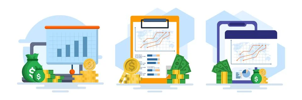 Illustration set featuring computer screen with financial growth graph 스톡 일러스트