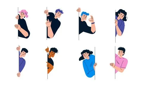An Illustration Set Featuring Diverse Characters Peeking in Various Artistic Stock Illustration