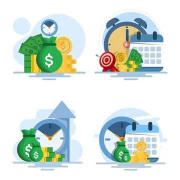 Illustration set featuring hourglass, timer, and money profit concept Stockillustratie