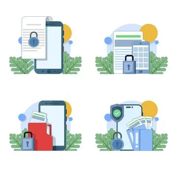 Illustration set featuring secure document protection on mobile devices Stock Illustration