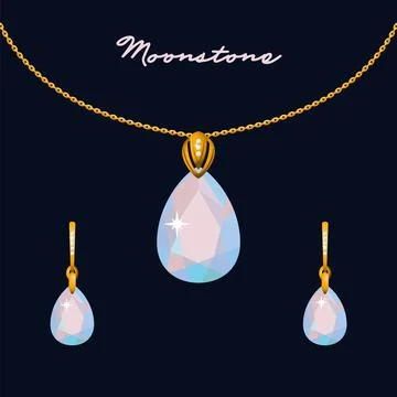 Illustration set of gold jewelry pendant on a chain and earrings with moonstones Stock Illustration