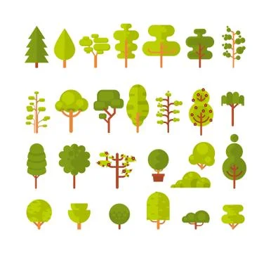 Illustration of a set  isolated trees and shrubs on  white background in  flat Stock Illustration