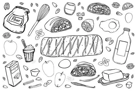 Illustration set of items for making Viennese traditional strudel. Stock Illustration