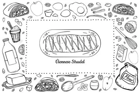 Illustration set of items for making Viennese traditional strudel. Stock Illustration