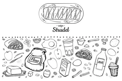 Illustration set of items for making Viennese traditional strudel. Stock Illustration