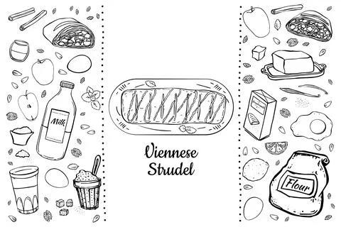 Illustration set of items for making Viennese traditional strudel. Stock Illustration