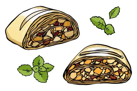 Illustration set leaf mint and slices Viennese apple strudel. Isolated object Stock Illustration