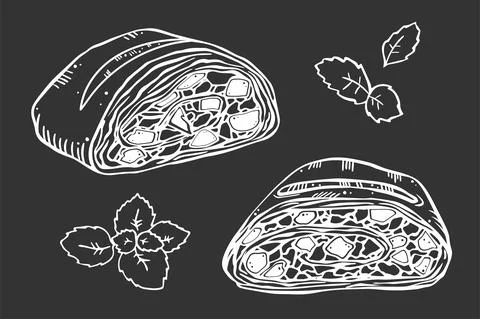 Illustration set leaf mint and slices Viennese apple strudel. Isolated object Stock Illustration