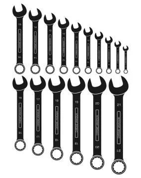 Illustration of a set of open ring combined metric wrenches. From 6mm to 21mm Stock Illustration