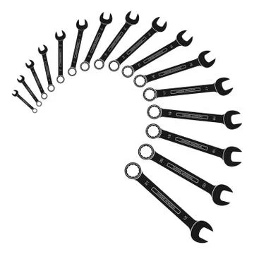 Illustration of a set of open ring combined metric wrenches. From 6mm to 21mm Stock Illustration
