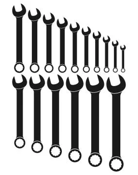 Illustration of a set of open ring combined metric wrenches. From 6mm to 21mm Stock Illustration