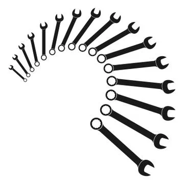 Illustration of a set of open ring combined metric wrenches. From 6mm to 21mm Stock Illustration