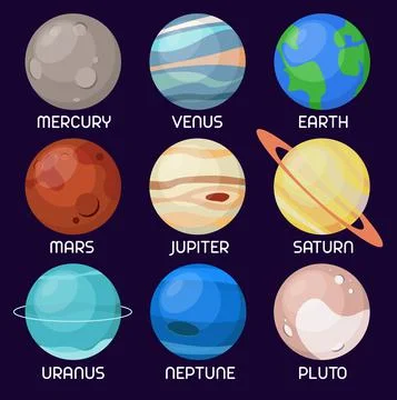 Illustration set of the planets of the Solar system on dark purple background Stock Illustration