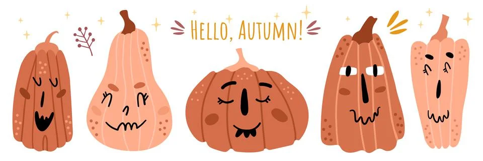 Illustration set of pumpkins with faces. Funny characters with different emot Stock Illustration