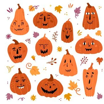 Illustration set of pumpkins with faces. Funny characters with different emot Stock Illustration