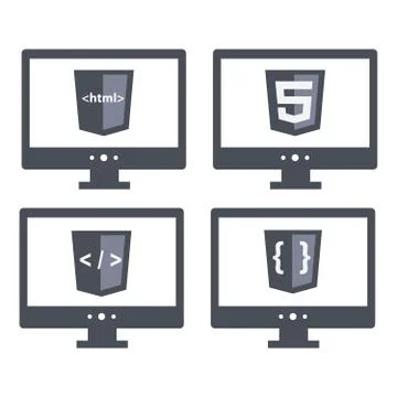 Illustration set with shield html five tag and brackets sign on the screen Stock Illustration