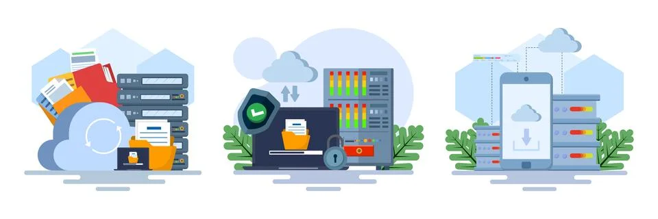 Illustration set showing cloud storage mobile application with secure backup Stock Illustration