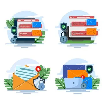 Illustration set showing email security concept with electronic mail messaging イラスト素材