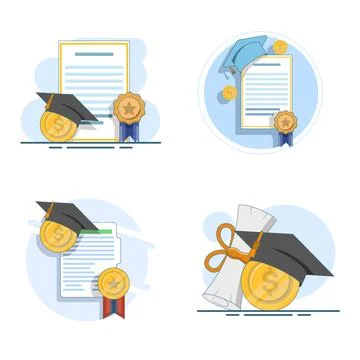 Illustration set showing graduation hat, money coin, and diploma document Stock Illustration