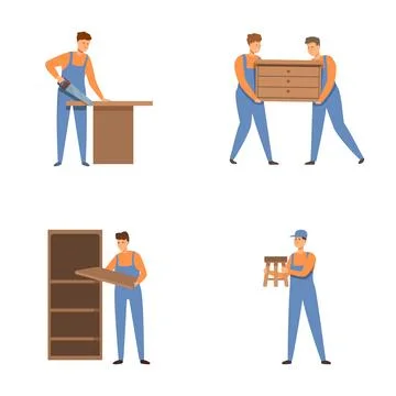 Illustration set showing movers packing, carrying furniture, and organizing 스톡 일러스트