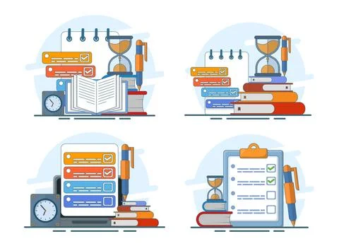 Illustration set showing paper test documents with timer and checklist icons Иллюстрация