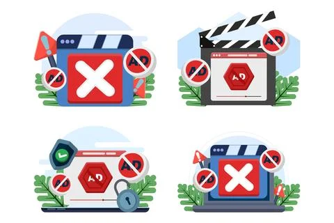 Illustration set showing video ad blocking concept with mobile ads blocker app Stock Illustration