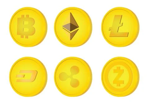 Illustration of a set of six different cryptocurrencies. Stock Illustration